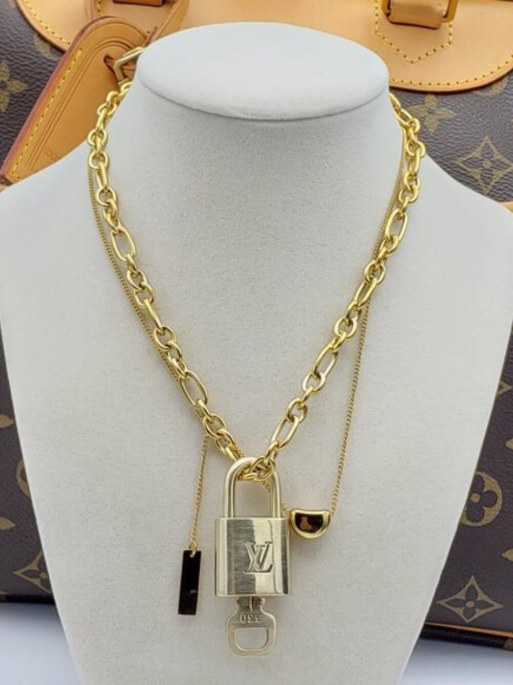 Stainless Steel Gold-Plated Necklace with Authentic Louis Vuitton Padlock